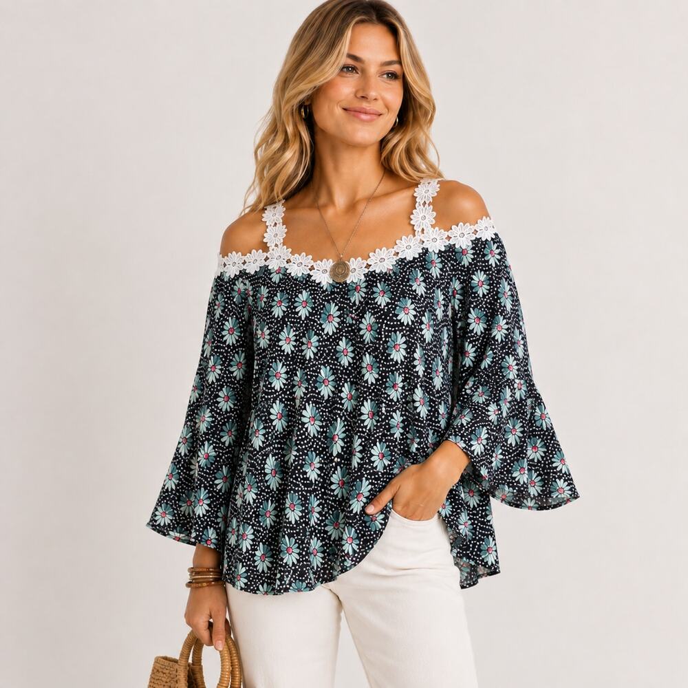 Kate & Mallory Blouse Women's Size XL Navy Floral Polka-dot Coastal Boho Resort